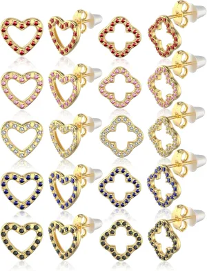 10 Pairs Earrings for Women 316L Hypoallergenic Cubic Zirconia Gold Plate Earrings Surgical Steel Heart Shape Clover Stud Earrings Sets Diamond/White/Blue/Pink/Black/Red