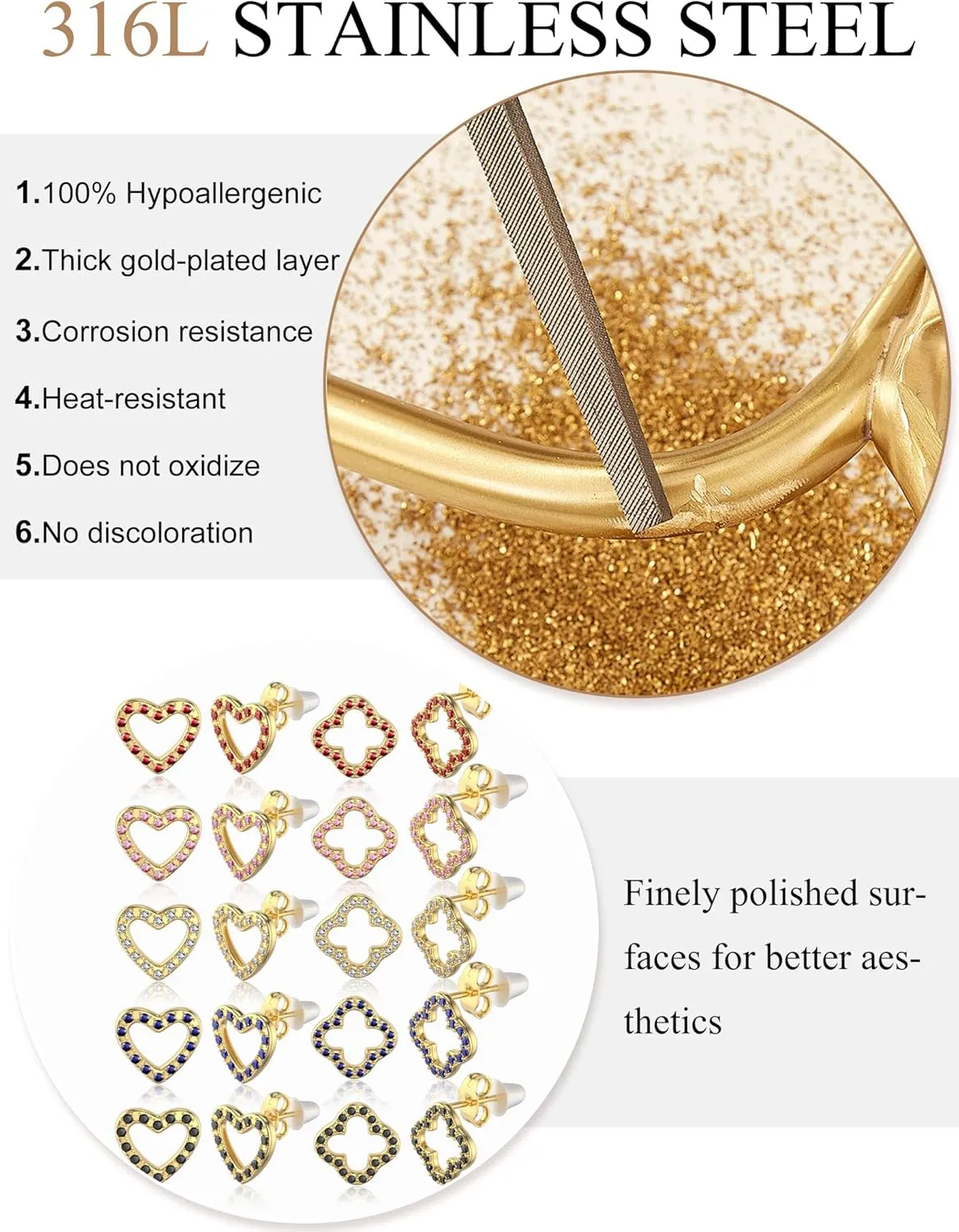10 Pairs Earrings for Women 316L Hypoallergenic Cubic Zirconia Gold Plate Earrings Surgical Steel Heart Shape Clover Stud Earrings Sets Diamond/White/Blue/Pink/Black/Red
