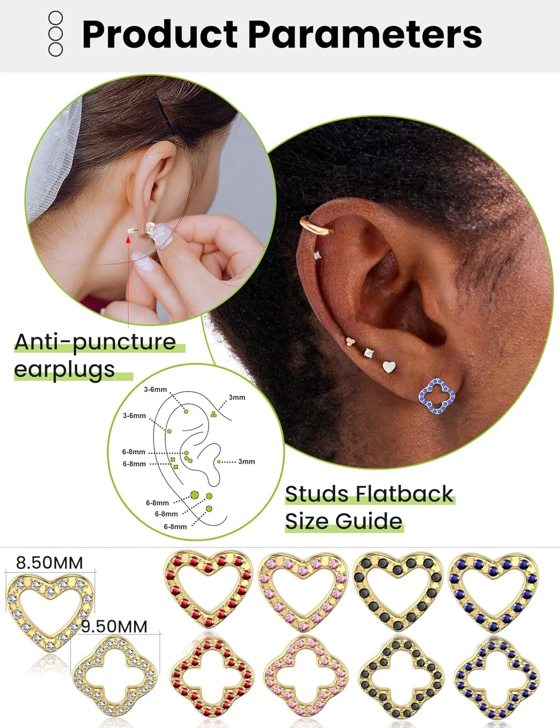 10 Pairs Earrings for Women 316L Hypoallergenic Cubic Zirconia Gold Plate Earrings Surgical Steel Heart Shape Clover Stud Earrings Sets Diamond/White/Blue/Pink/Black/Red