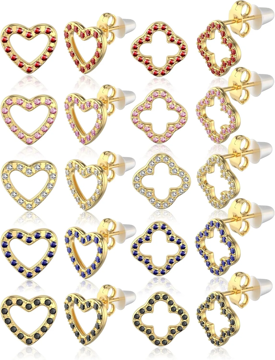 10 Pairs Earrings for Women 316L Hypoallergenic Cubic Zirconia Gold Plate Earrings Surgical Steel Heart Shape Clover Stud Earrings Sets Diamond/White/Blue/Pink/Black/Red