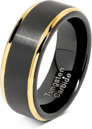 100S JEWELRY Engraved Personalized Black Tungsten Rings For Men Wedding Band Gold Step Edge Size 6-16