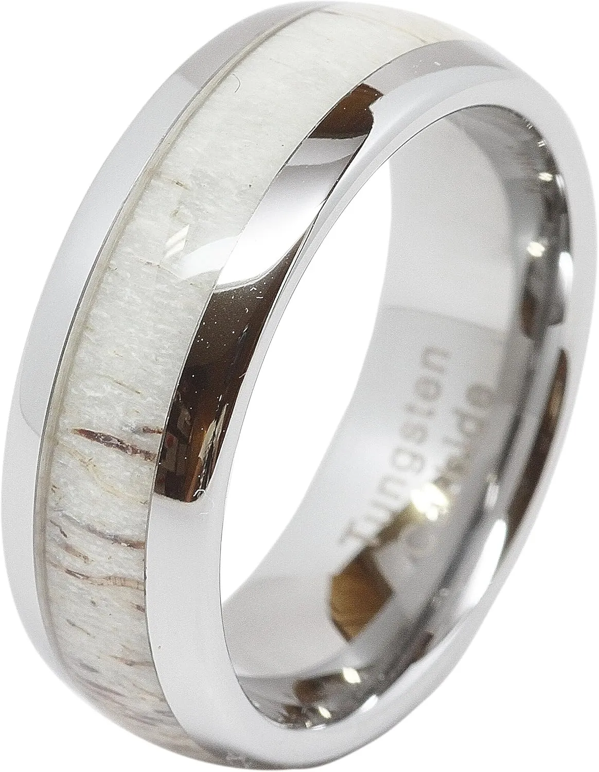100S JEWELRY Tungsten Ring Elk Deer Antler Inlaid For Men Women Wedding Band Dome Shape Size 6-16