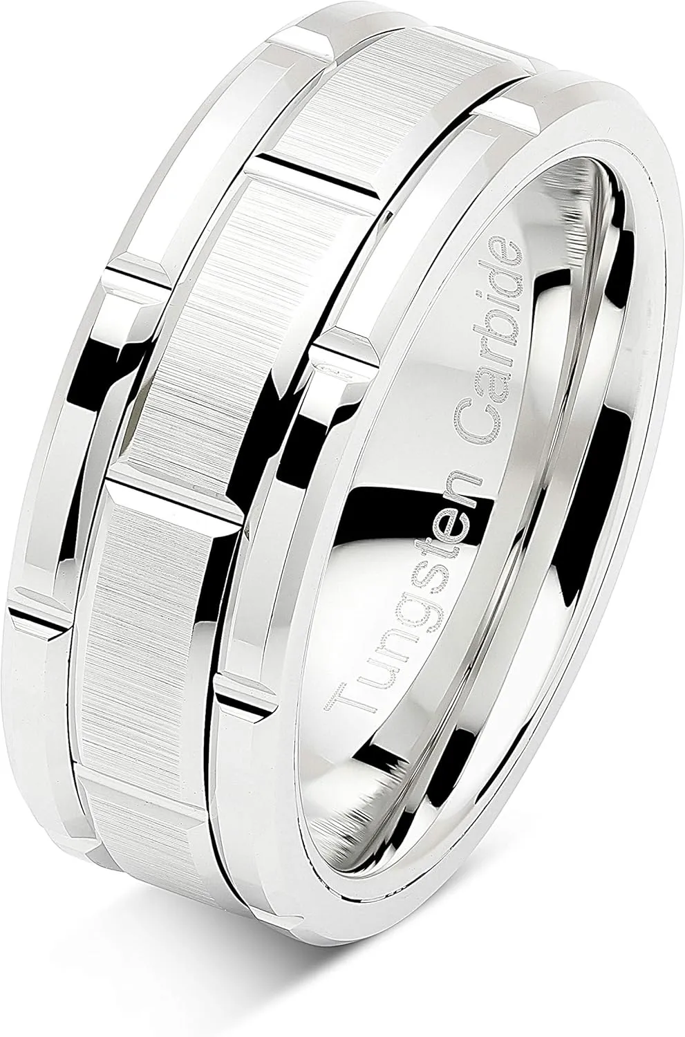 100S JEWELRY Tungsten Rings For Men Wedding Band White Gold Brick Pattern Rhodium Plated Size 6-16