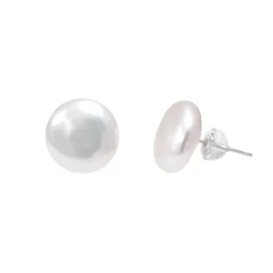12-13 MM Freshwater Cultured Coin Pearl Studs Earrings for Women, Sterling Silver Post Backing