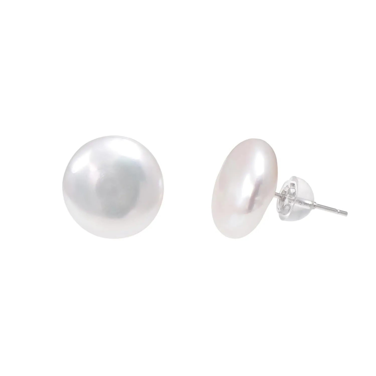 12-13 MM Freshwater Cultured Coin Pearl Studs Earrings for Women, Sterling Silver Post Backing