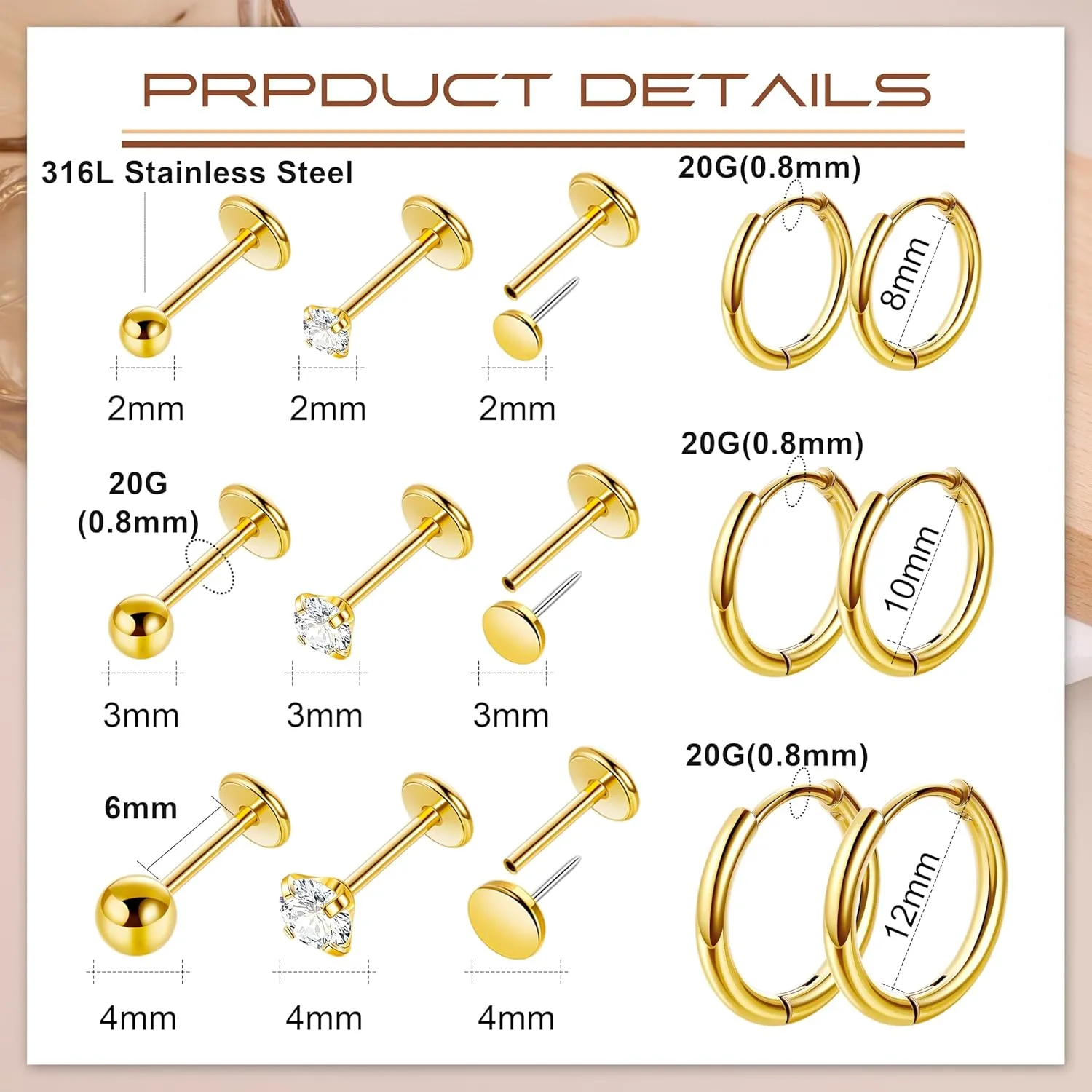 12 Pairs 20G 316L Stainless Steel Threadless Stud Earrings for Multiple Piercing Small Huggie Hoop Earrings Flat Back Tiny Stud Earring for Cartilage Helix Tragus Lobe