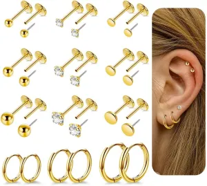 12 Pairs 20G 316L Stainless Steel Threadless Stud Earrings for Multiple Piercing Small Huggie Hoop Earrings Flat Back Tiny Stud Earring for Cartilage Helix Tragus Lobe