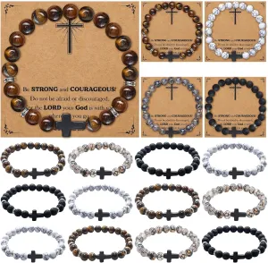 12 Sets Father's Day Gift Bulk Cross Beads Bracelet for Men Dad Husband Son Brother Boyfriend WWJD Jesus Crucifix String Bracelet Christian Religious Gift for Baptism Communion Birthday