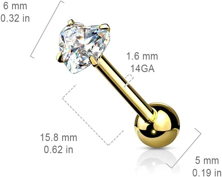 14 Gauge Prong Set Heart CZ 316L Surgical Steel Barbell Tongue Rings (Choose Color)