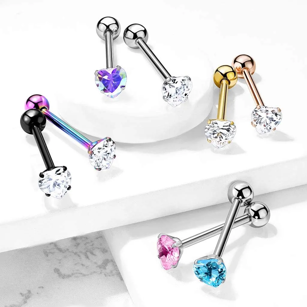 14 Gauge Prong Set Heart CZ 316L Surgical Steel Barbell Tongue Rings (Choose Color)