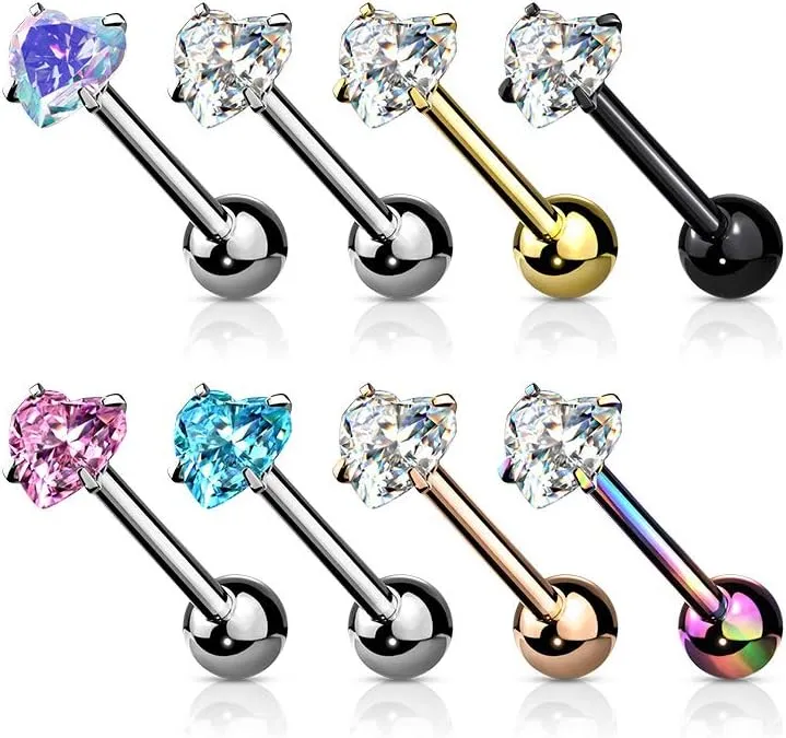 14 Gauge Prong Set Heart CZ 316L Surgical Steel Barbell Tongue Rings (Choose Color)