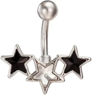 14G Black White Star Belly Button Rings for Women Minimalist Stainless Steel Stars Navel Ring 3/8" 10mm Curved Barbell Hypoallergenic Body Piercing Jewelry