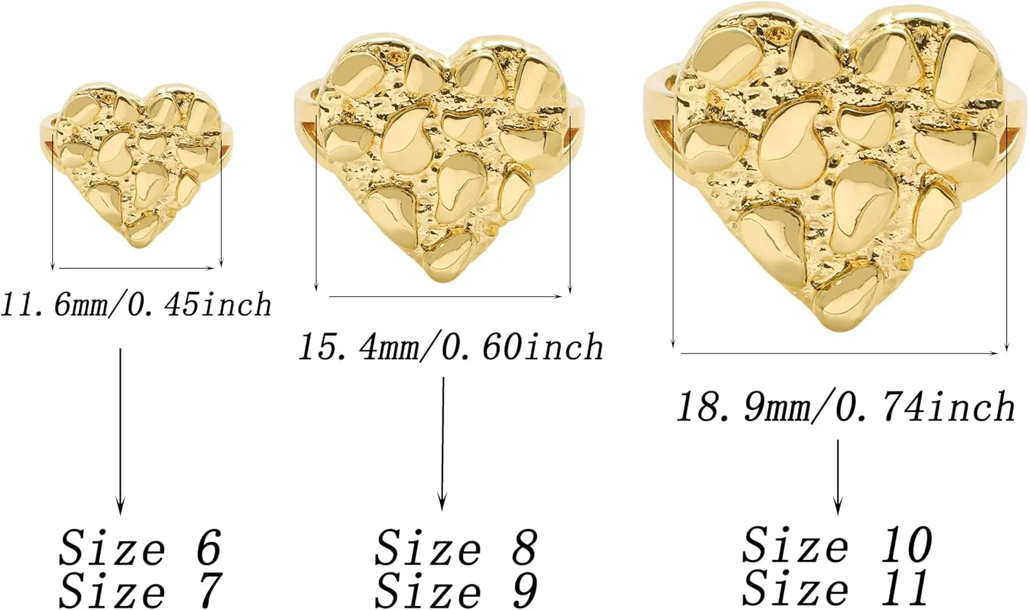 14k Gold Plated Brass Rough Textured Cookie Heart Shape Nugget Rings For Women/Men