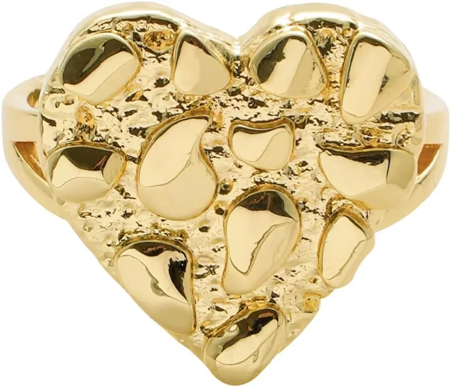 14k Gold Plated Brass Rough Textured Cookie Heart Shape Nugget Rings For Women/Men