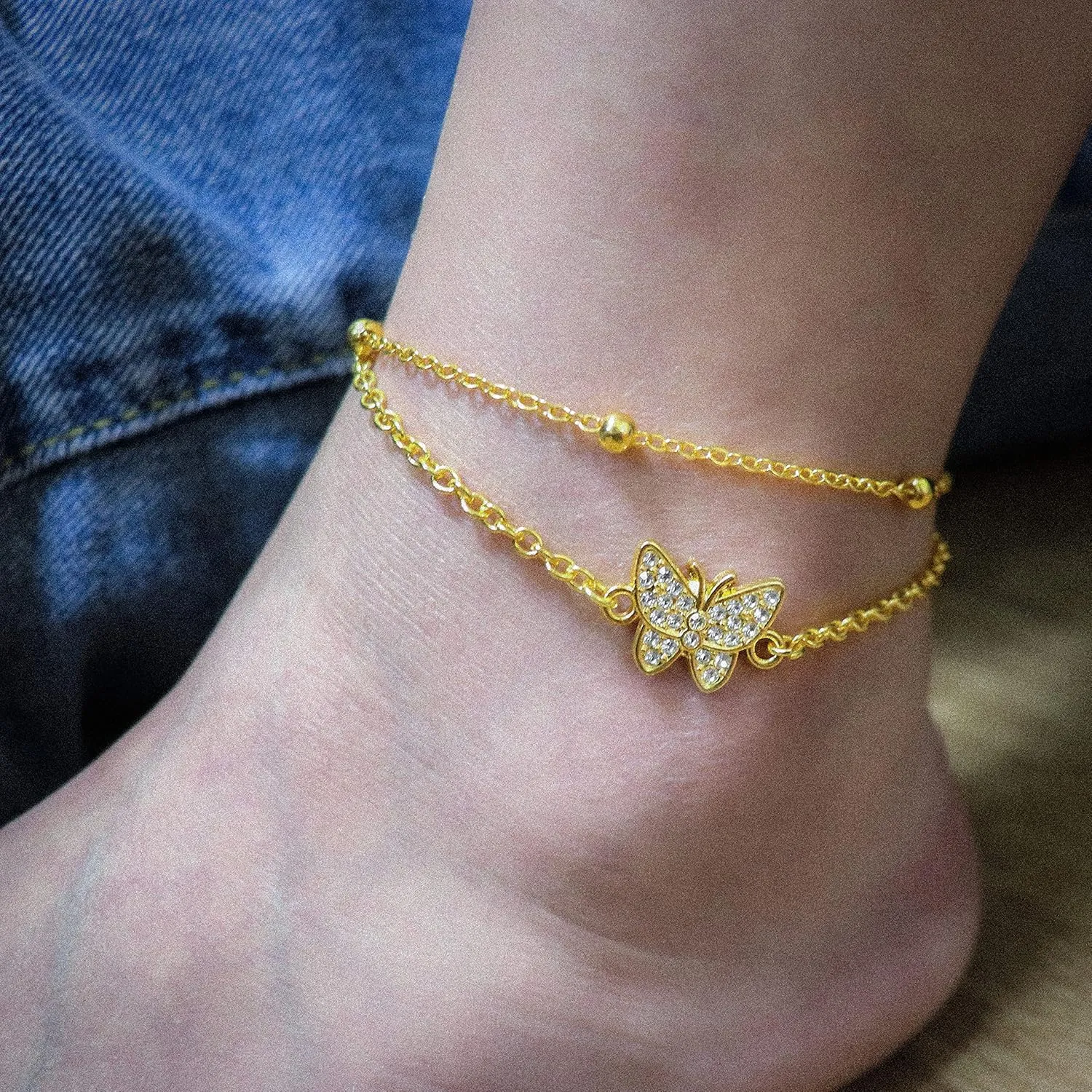 14k Gold Plated Butterfly Cubic Zirconia Dainty Link Anklet Beads Double Layered Bracelets Butterfly Anklet for Women Gilrs Boho Beach Jewelry Gifts