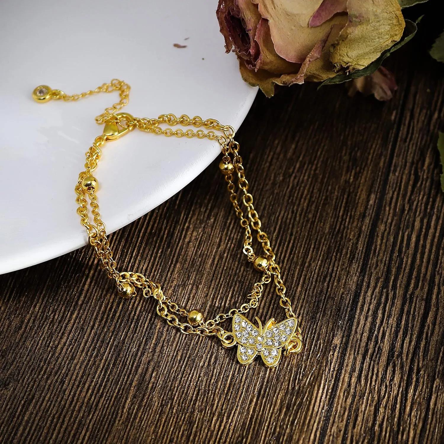 14k Gold Plated Butterfly Cubic Zirconia Dainty Link Anklet Beads Double Layered Bracelets Butterfly Anklet for Women Gilrs Boho Beach Jewelry Gifts