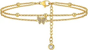 14k Gold Plated Butterfly Cubic Zirconia Dainty Link Anklet Beads Double Layered Bracelets Butterfly Anklet for Women Gilrs Boho Beach Jewelry Gifts