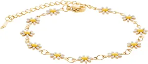 14K Gold Plated Chain Link Bracelet for Women, Dainty Daisy Flower Bracelets with Adjustable Clasp, Trendy Enamel Floral Party Beach Gold Jewelry Gift for Graduation Birthday Valentine's Day