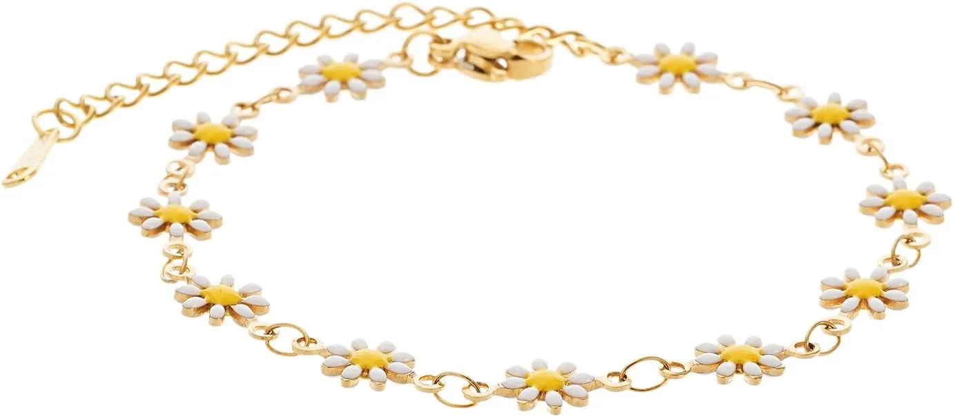 14K Gold Plated Chain Link Bracelet for Women, Dainty Daisy Flower Bracelets with Adjustable Clasp, Trendy Enamel Floral Party Beach Gold Jewelry Gift for Graduation Birthday Valentine's Day