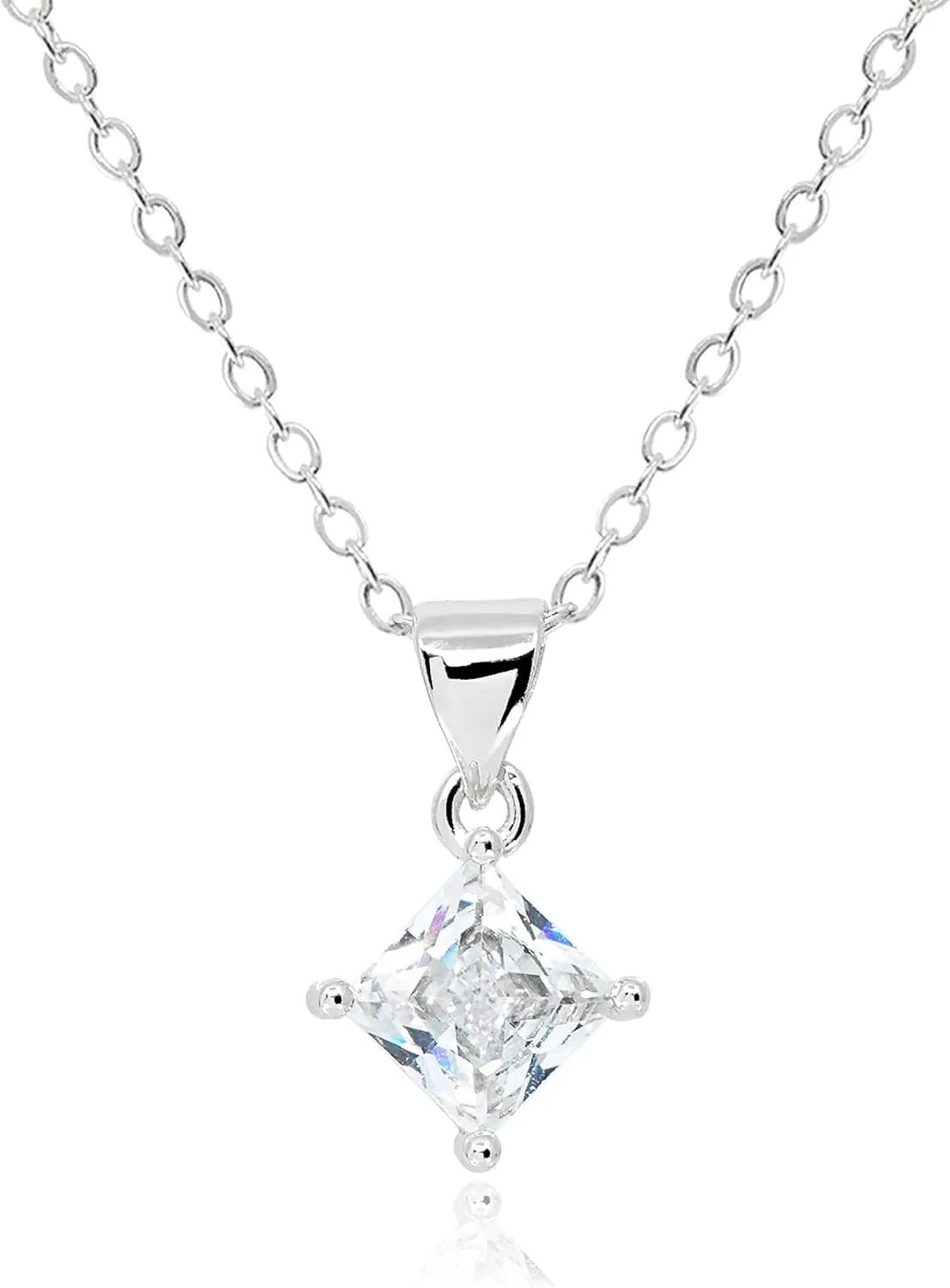 14K Gold Plated CZ Solitaire Necklace for Women  Princess Cut Square Rectangle Rhombus Cubic Zirconia Diamond Pendant Jewelry  Tarnish Free Adjustable Chain [CZN]
