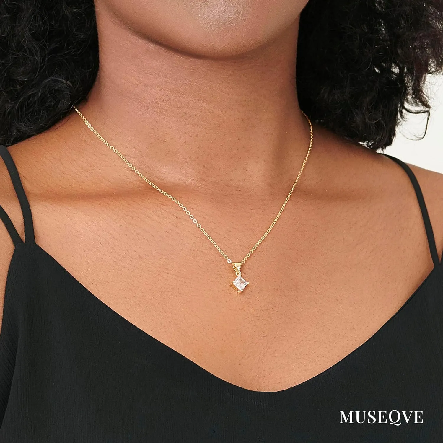 14K Gold Plated CZ Solitaire Necklace for Women  Princess Cut Square Rectangle Rhombus Cubic Zirconia Diamond Pendant Jewelry  Tarnish Free Adjustable Chain [CZN]