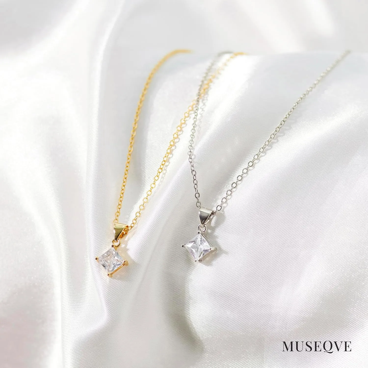 14K Gold Plated CZ Solitaire Necklace for Women  Princess Cut Square Rectangle Rhombus Cubic Zirconia Diamond Pendant Jewelry  Tarnish Free Adjustable Chain [CZN]