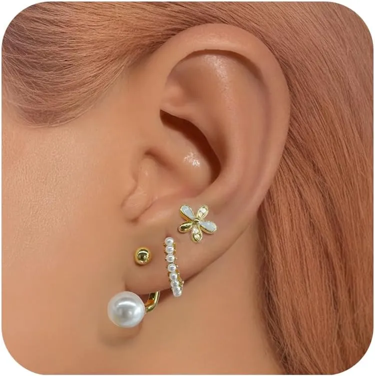 14K Gold Plated Hoop Earrings Dainty Gold Flat Back Earring for Women Chunky Hoops Hypoallergenic Cartilage Pearl Stud for Women Jewelry Gift