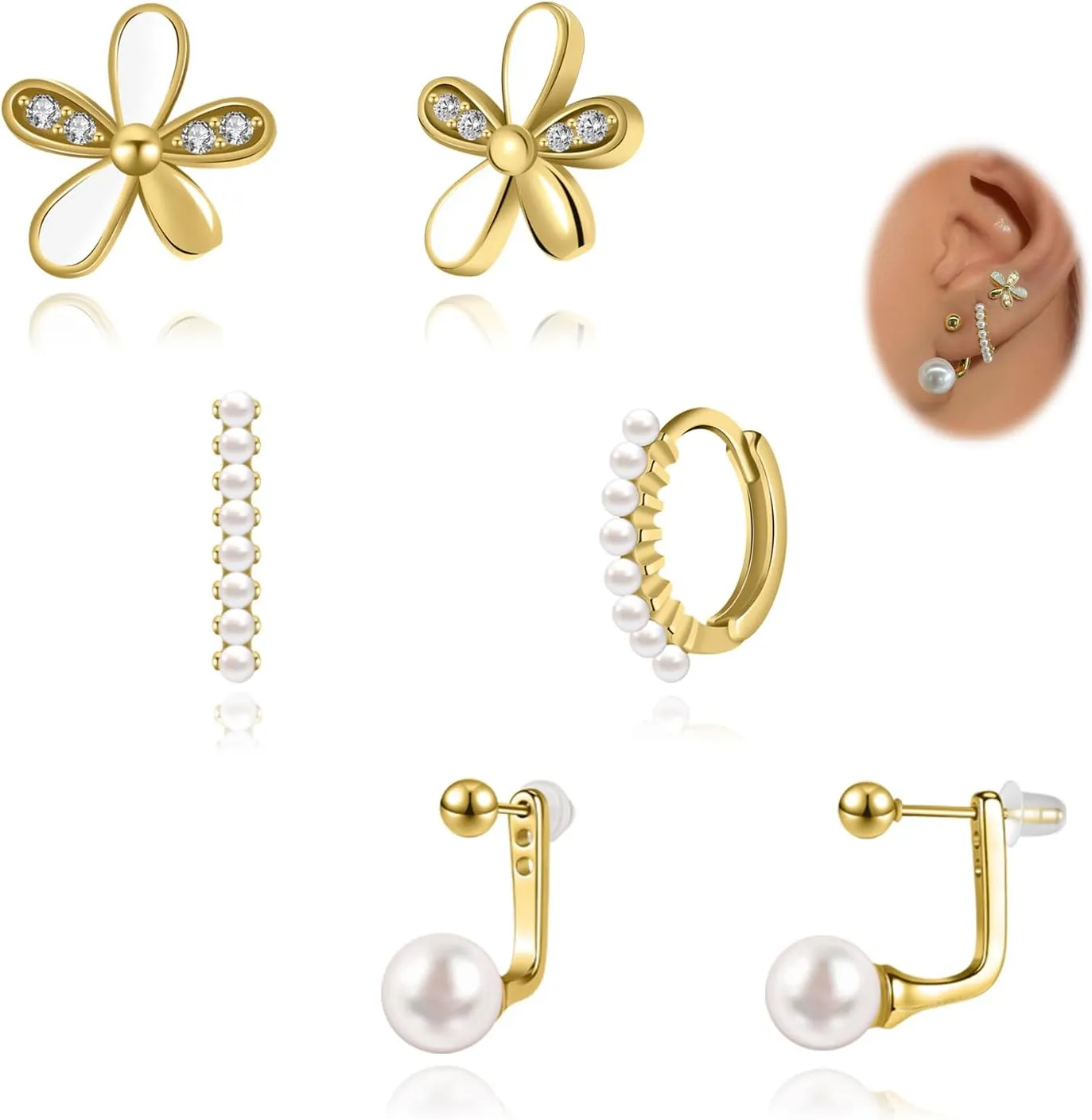 14K Gold Plated Hoop Earrings Dainty Gold Flat Back Earring for Women Chunky Hoops Hypoallergenic Cartilage Pearl Stud for Women Jewelry Gift