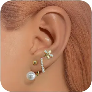14K Gold Plated Hoop Earrings Dainty Gold Flat Back Earring for Women Chunky Hoops Hypoallergenic Cartilage Pearl Stud for Women Jewelry Gift