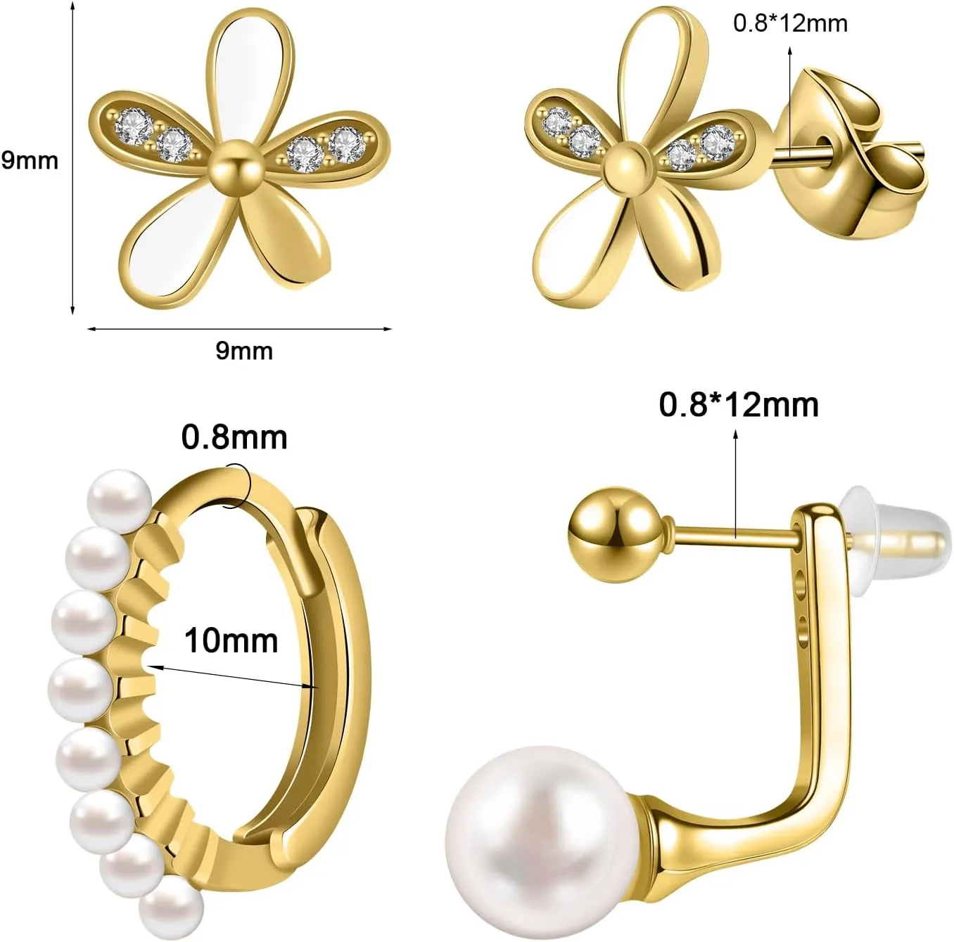14K Gold Plated Hoop Earrings Dainty Gold Flat Back Earring for Women Chunky Hoops Hypoallergenic Cartilage Pearl Stud for Women Jewelry Gift