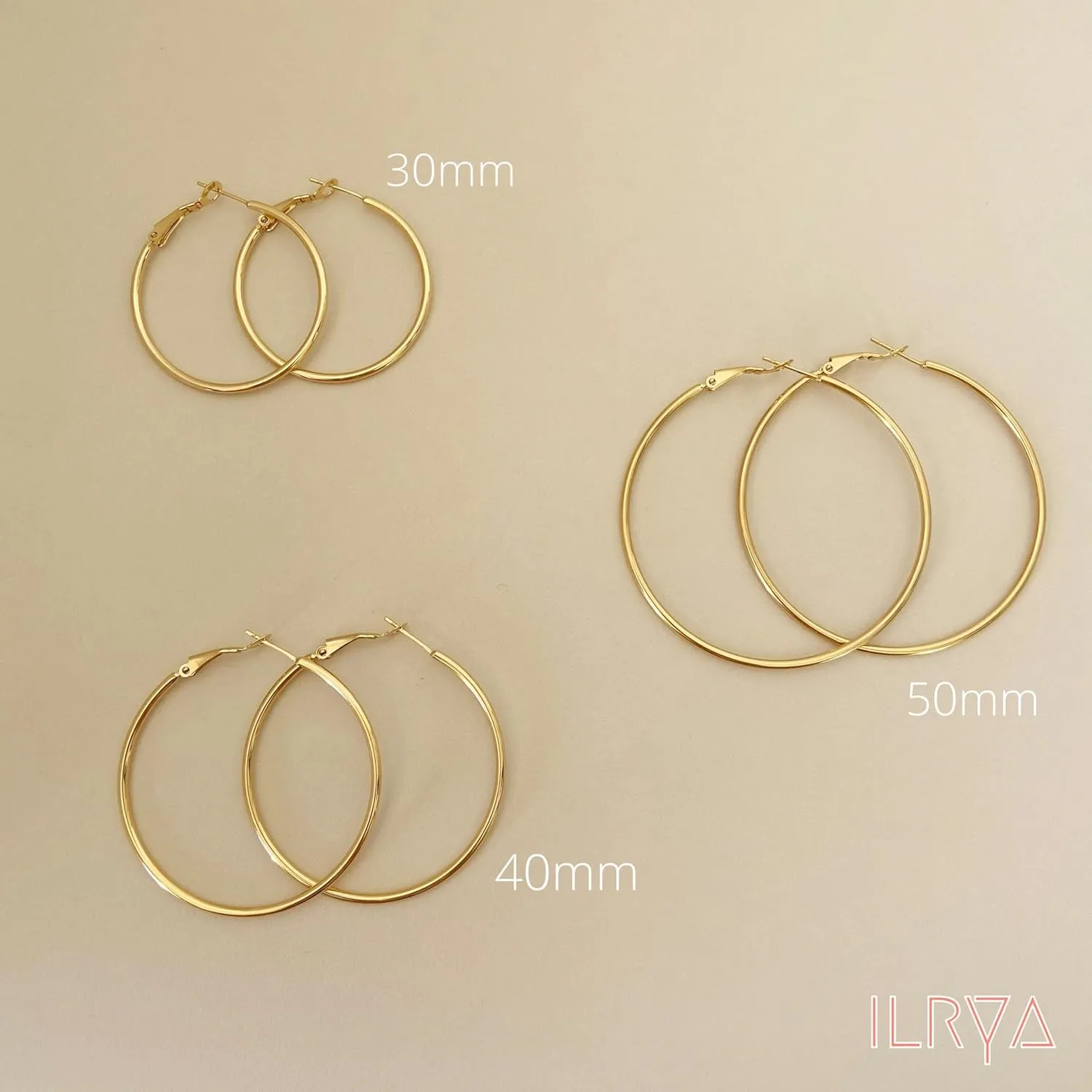 14K Gold Plated Hoop Earrings for Women, Hypoallergenic Thin Lightweight Real Gold Earrings | Trendy Gold Hoop Earrings 30/40/50 MM