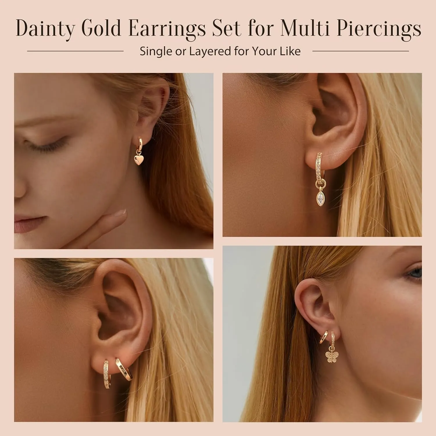 14K Gold Plated Huggie Earrings and Charm Set for Women |Mix and Match Earring Pack with Cubic Zirconia Star Heart Flower Bow Small Hoop Earrings with Charms