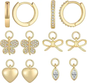 14K Gold Plated Huggie Earrings and Charm Set for Women |Mix and Match Earring Pack with Cubic Zirconia Star Heart Flower Bow Small Hoop Earrings with Charms