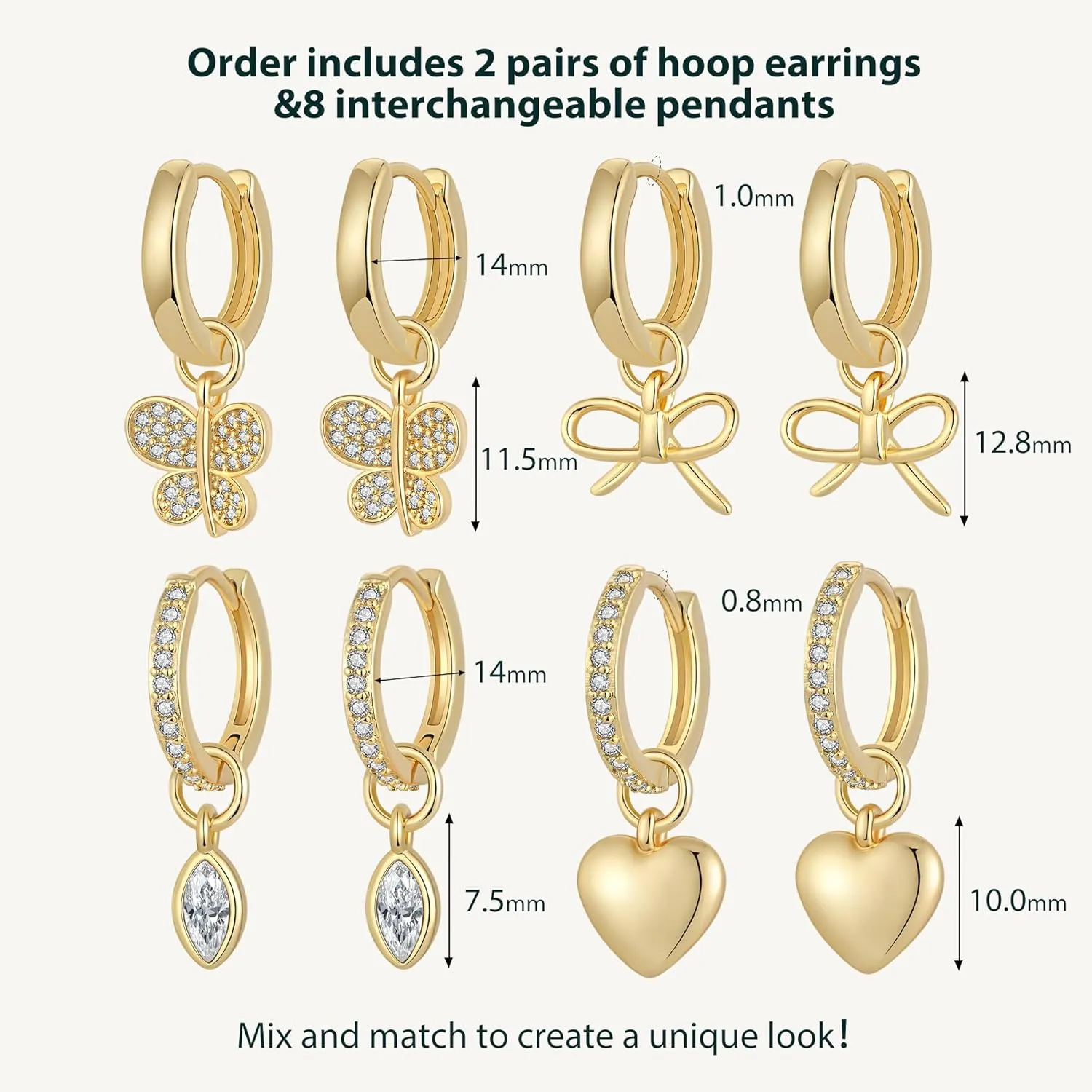 14K Gold Plated Huggie Earrings and Charm Set for Women |Mix and Match Earring Pack with Cubic Zirconia Star Heart Flower Bow Small Hoop Earrings with Charms