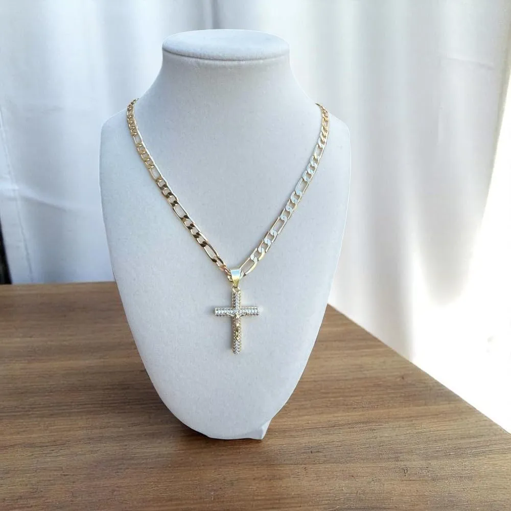 14K Gold Plated Jesus Christ Cross Crucifix Pendant with Bling Crystals, 24" 3mm or 8mm Figaro Link or Rope Chain Necklace, Religious Hip Hop Jewelry for Men and Women