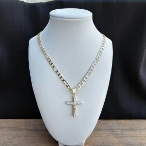 14K Gold Plated Jesus Christ Cross Crucifix Pendant with Bling Crystals, 24" 3mm or 8mm Figaro Link or Rope Chain Necklace, Religious Hip Hop Jewelry for Men and Women
