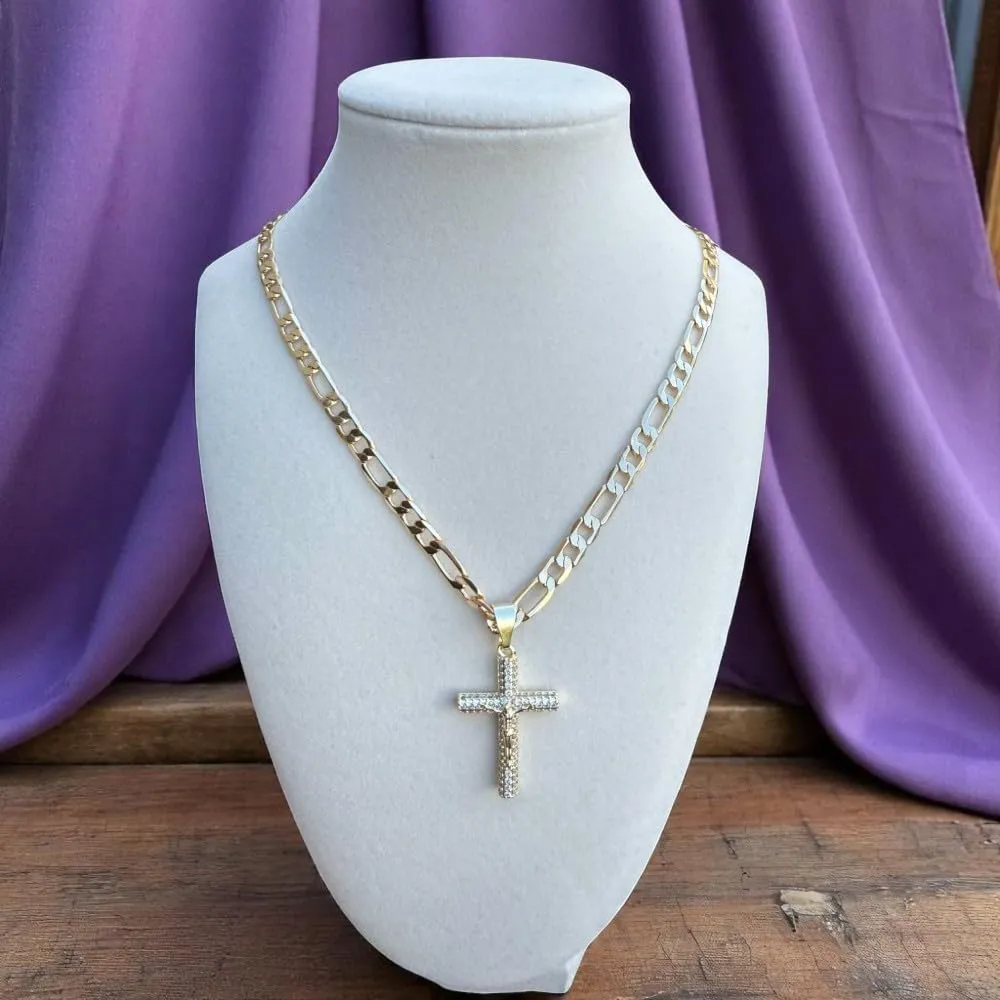 14K Gold Plated Jesus Christ Cross Crucifix Pendant with Bling Crystals, 24" 3mm or 8mm Figaro Link or Rope Chain Necklace, Religious Hip Hop Jewelry for Men and Women