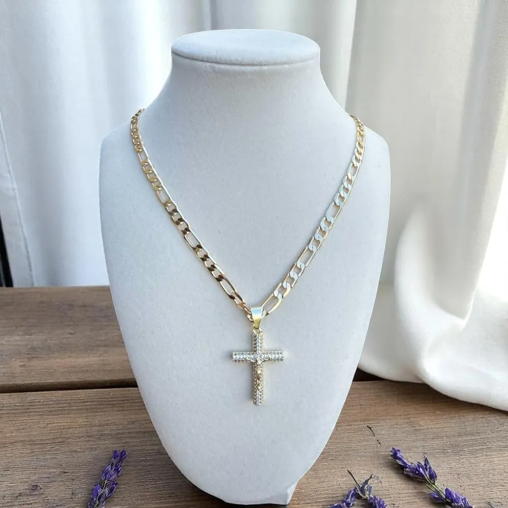 14K Gold Plated Jesus Christ Cross Crucifix Pendant with Bling Crystals, 24" 3mm or 8mm Figaro Link or Rope Chain Necklace, Religious Hip Hop Jewelry for Men and Women