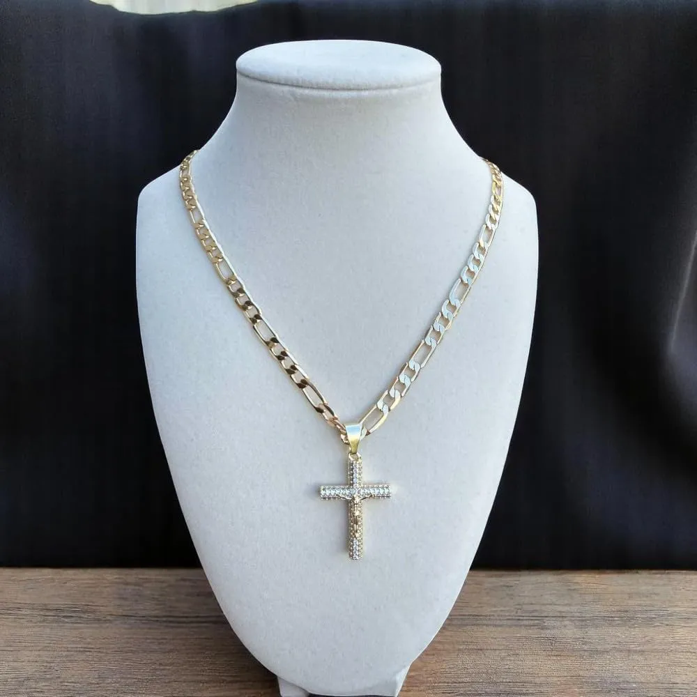 14K Gold Plated Jesus Christ Cross Crucifix Pendant with Bling Crystals, 24" 3mm or 8mm Figaro Link or Rope Chain Necklace, Religious Hip Hop Jewelry for Men and Women