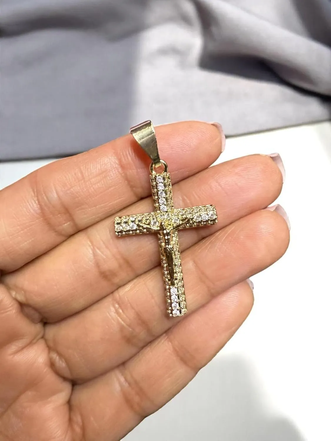 14K Gold Plated Jesus Christ Cross Crucifix Pendant with Bling Crystals, 24" 3mm or 8mm Figaro Link or Rope Chain Necklace, Religious Hip Hop Jewelry for Men and Women