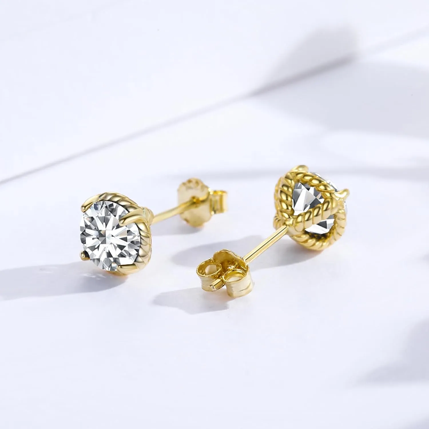 14K Gold Plated Stud Earrings 925 Sterling Silver Black Stud Earring Cubic Zirconia Earrings Hypoallergenic Simulated Diamond for Women Men 6mm