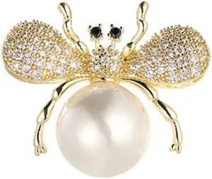 14K Golden Plated Honeybee Bee Lapel Brooch Pin for Women Girls Cubic Zirconia Crystal Faux Pearl Bumblebee Pin Jackets Dress Suit Hats Scarf Sweater Brooches Pins Cute Jewelry Gifts
