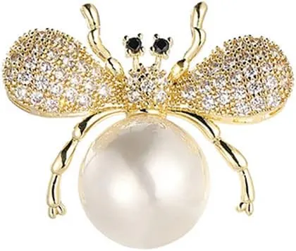 14K Golden Plated Honeybee Bee Lapel Brooch Pin for Women Girls Cubic Zirconia Crystal Faux Pearl Bumblebee Pin Jackets Dress Suit Hats Scarf Sweater Brooches Pins Cute Jewelry Gifts
