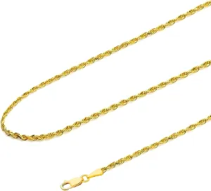 14k Real Solid Gold Rope Chain Necklace for Women or Men, Lobster Claw Clasp