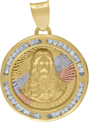 14k Tri-Color Gold Unisex Cubic Zirconia Textured Religious Jesus Charm Pendant
