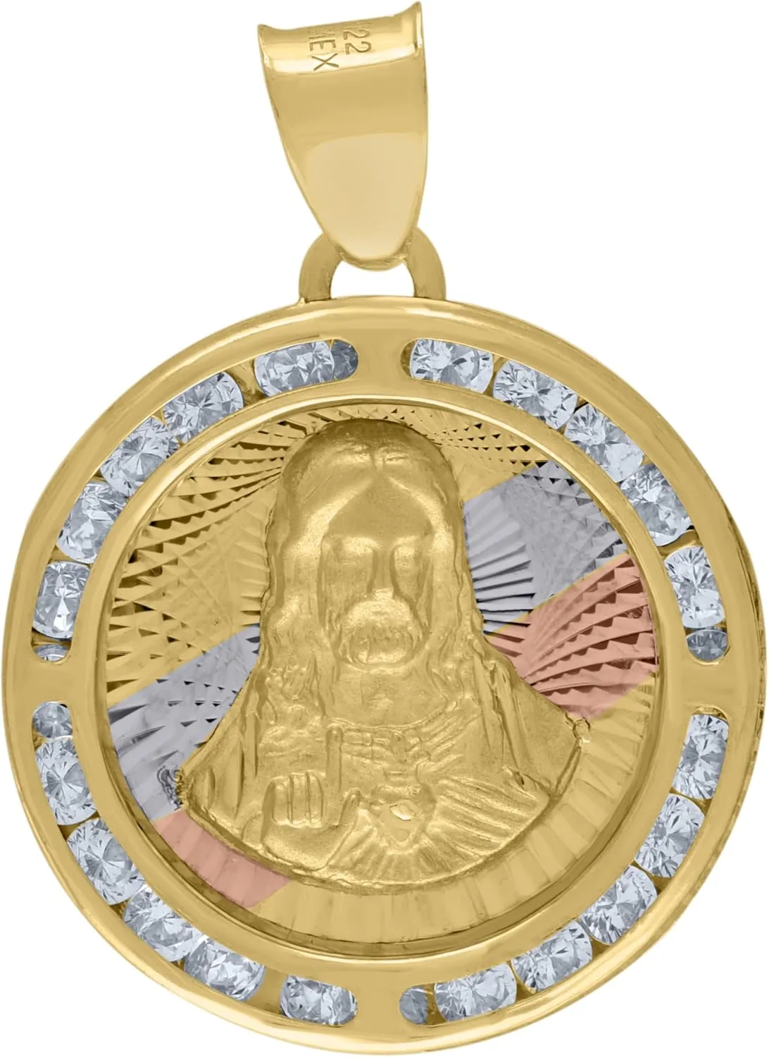 14k Tri-Color Gold Unisex Cubic Zirconia Textured Religious Jesus Charm Pendant