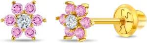 14k Yellow Gold Colorful Cubic Zirconia Flower Studs - Screw Back Earrings for Toddlers & Little Girls - Casual & Sparkly Flower Earrings for Children