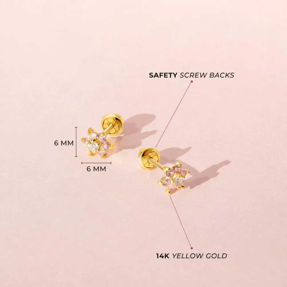 14k Yellow Gold Colorful Cubic Zirconia Flower Studs - Screw Back Earrings for Toddlers & Little Girls - Casual & Sparkly Flower Earrings for Children