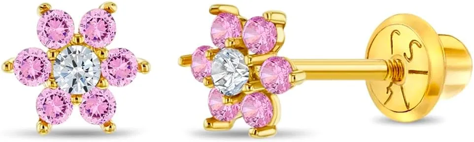 14k Yellow Gold Colorful Cubic Zirconia Flower Studs - Screw Back Earrings for Toddlers & Little Girls - Casual & Sparkly Flower Earrings for Children