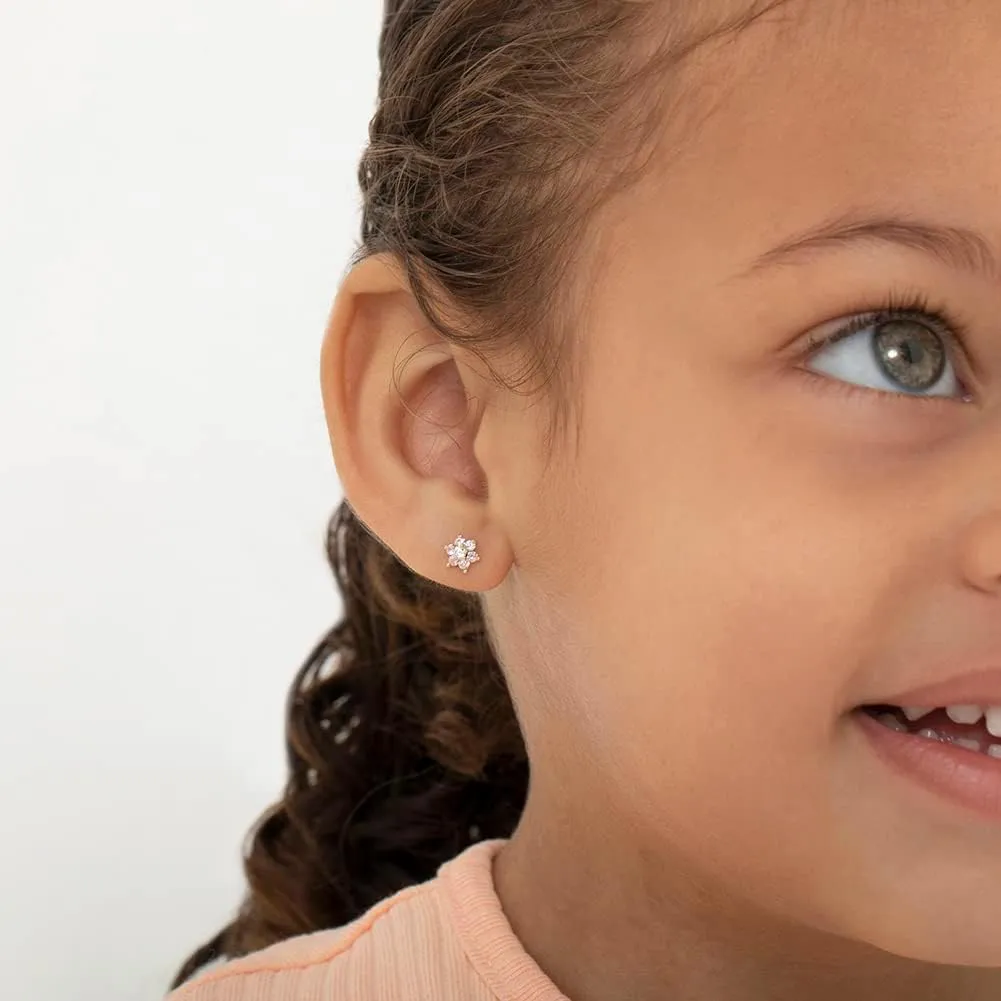 14k Yellow Gold Colorful Cubic Zirconia Flower Studs - Screw Back Earrings for Toddlers & Little Girls - Casual & Sparkly Flower Earrings for Children